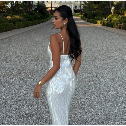 Women Sequin Sling Maxi Dress V-neck Solid Backless High Waist Sleeveless Dresses 2025 Fashion New Summer Lady Party Robes