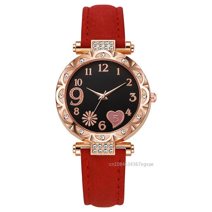 2/1PCS Fashion Heart Dial Women's Watches Luxury Leather Band Quartz Watch Rhinestone Bracelet Set Female Relogio Feminino