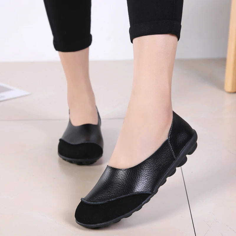 Women's shoes casual flat walking low heel loafers leather solid color large size casual single shoe work shoes44