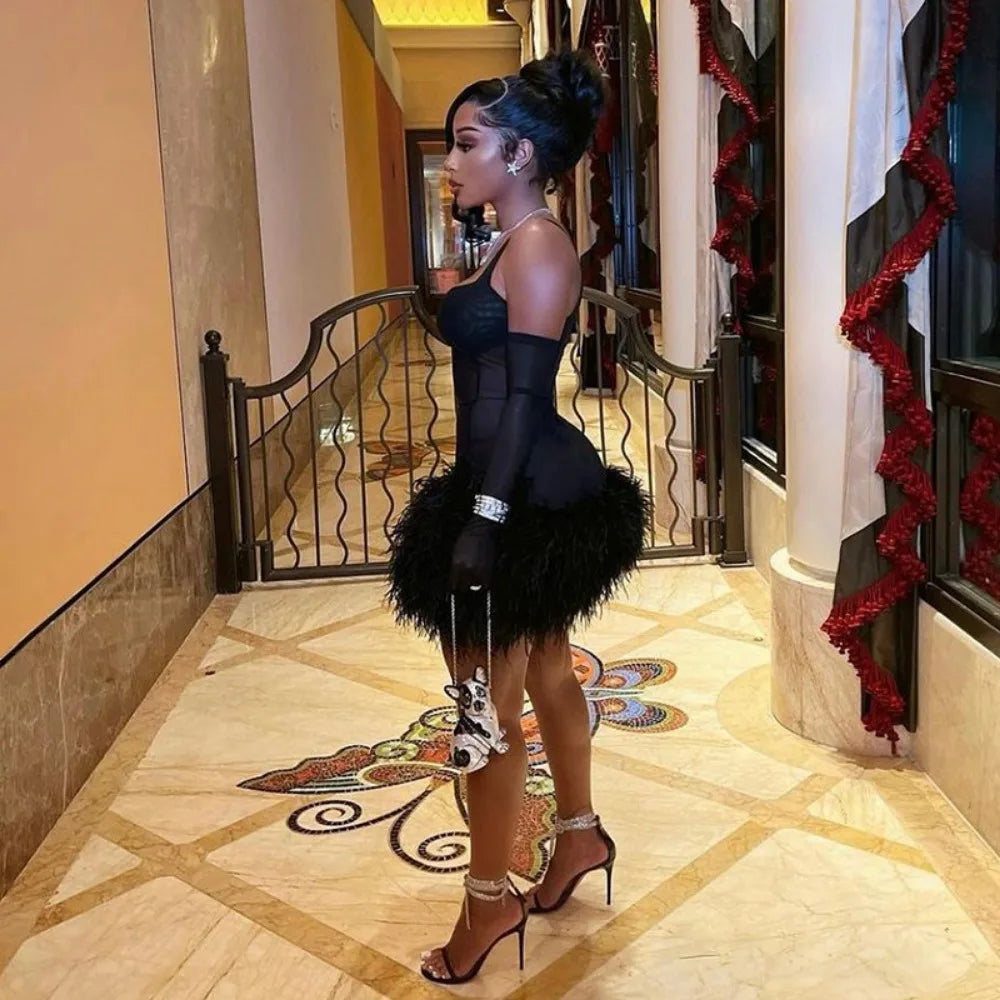 HLJ Black Sexy Mesh Perspective Patchwork Party Nightclub Dresses Women Thin Fur Mini Suspended Dress Female Halloween Clothing