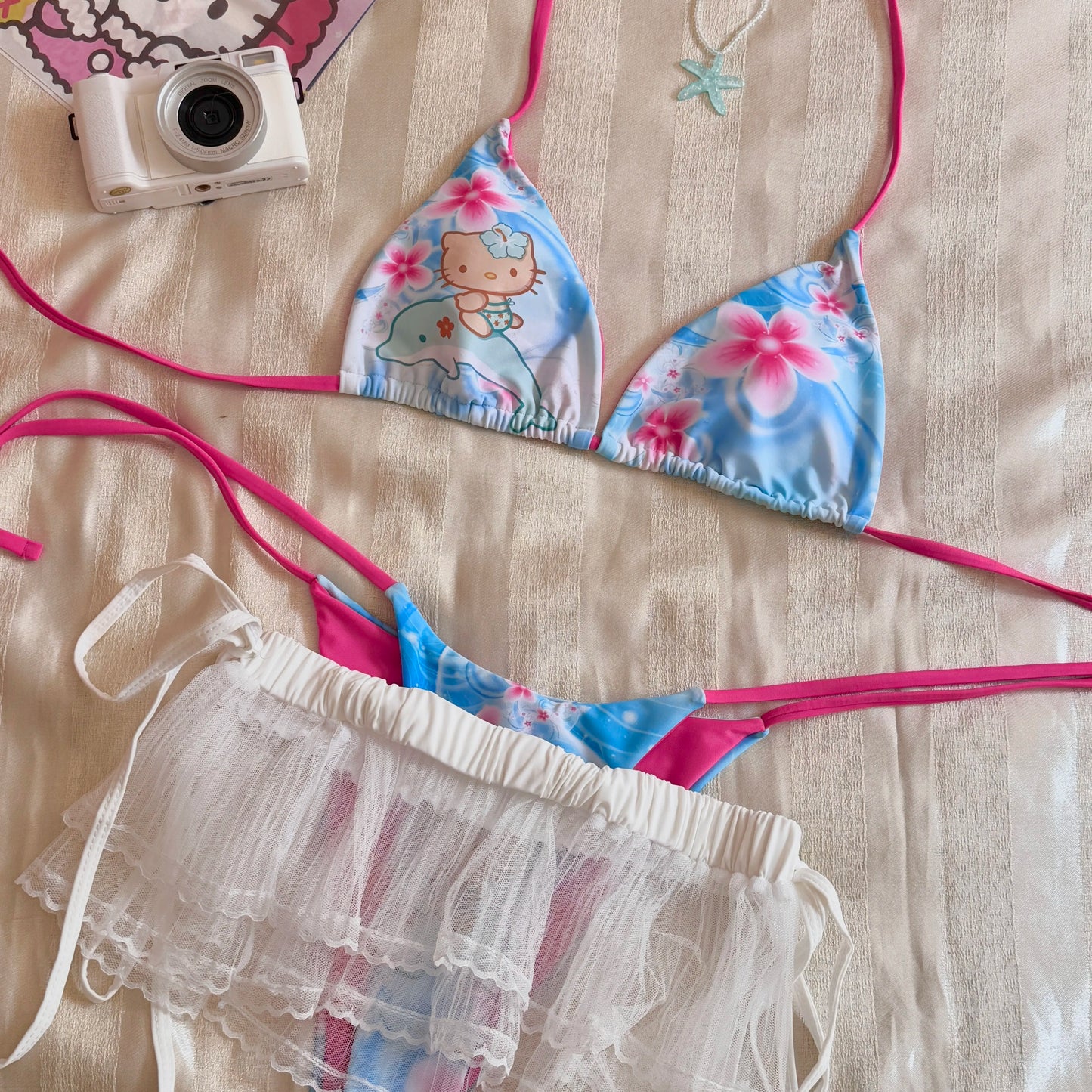 Kawaii Japanese Hello Kitty Girls Split Strap Summer Bikini Seaside Fashion Resort Swimsuit Leopard Print Cartoon Dopamine Swim
