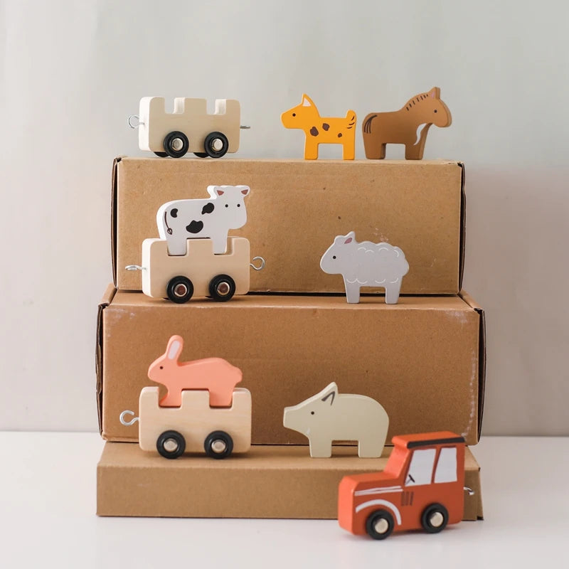Children Montessori Wooden Toys Dinosaur Car Animal Park Barn Toy Wooden Stacking Game Kid Educational Toy Christmas Gift