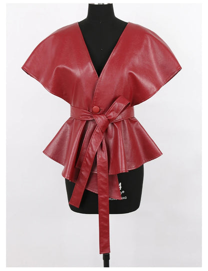 Nerazzurri Spring Short Red Faux Leather Vest Women Belt Runway Fashion Elegant Luxury Designer Clothes Sleeveless Jacket 2022