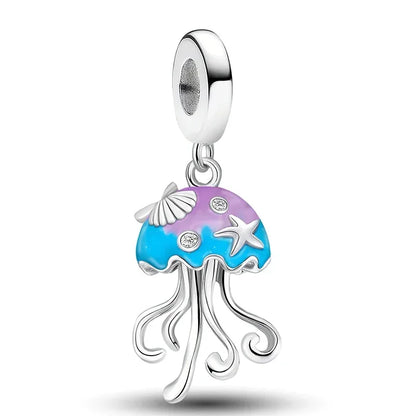 925 Sterling Silver Jellyfish Seahorse Blue Ocean Series Charms Beads Fit Diy Bracelet Making Gift of Fine Jewelry for Womens
