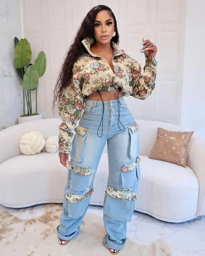 CM.YAYA Washed Denim Women's Set Full Sleeve Floral Jacket and Pockets Cargo Jeans Pants Suit 2024 Street Two 2 Piece Set Outfit