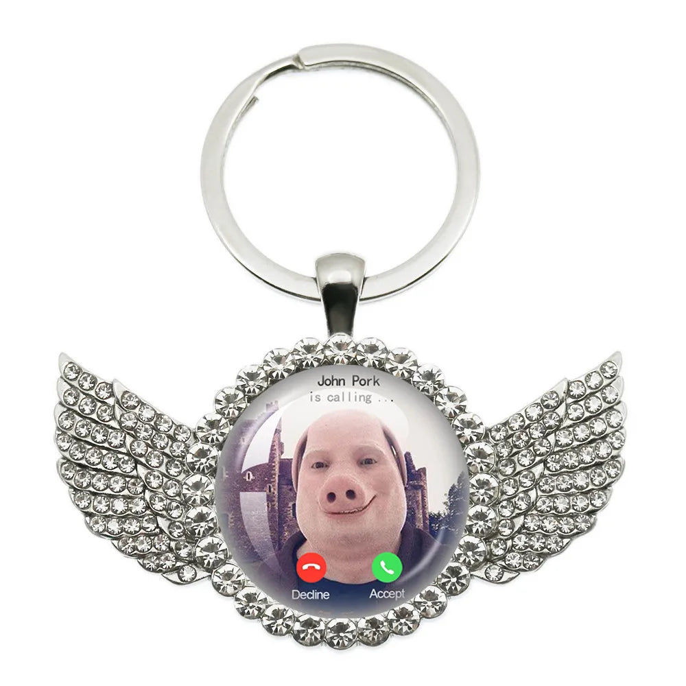New John Pork Is Calling Answer Call Phone Humor Funny Pig Lover Graphic Meme Glass Dome Pendant Cabochon Keychain Jewelry Gifts