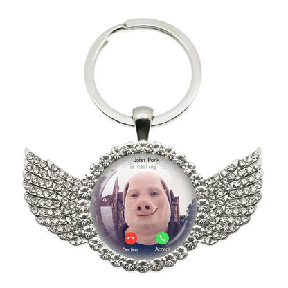 New John Pork Is Calling Answer Call Phone Humor Funny Pig Lover Graphic Meme Glass Dome Pendant Cabochon Keychain Jewelry Gifts