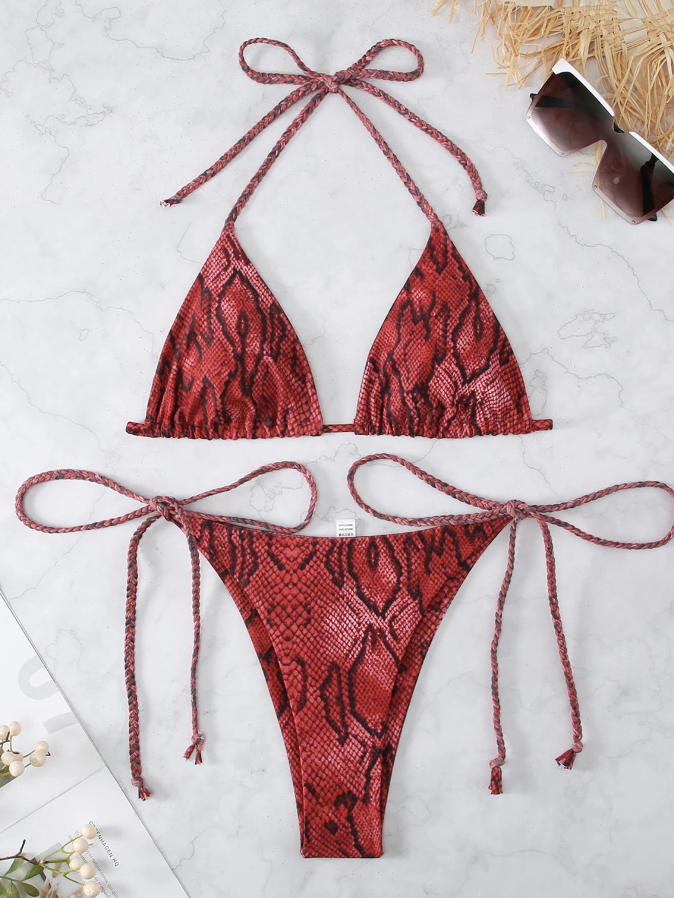 Snake Print 2-piece Swimsuit for Women,2024 New Triangle Bikini,summer Beach Vacation Suspender Backless Lace-up Bathing Suit