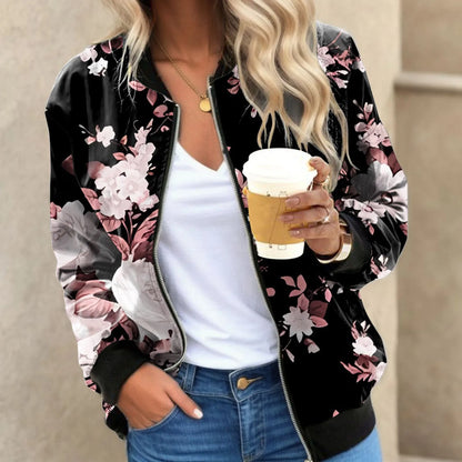 Vintage Floral Printed Jackets for Women Elegant Zipper Bomber Jacket Spring Autumn Office Wear Slim Jackets Coat Retro Outwear