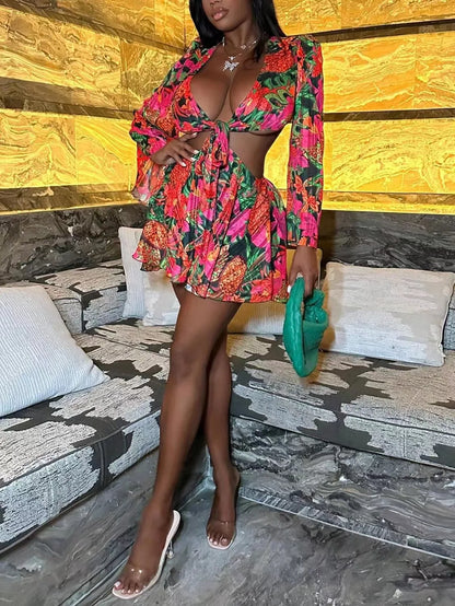 Two Piece Sets Women Skirt Set Print Floral Matching Sets V Neck Flare Sleeve Top Short Skirts Dress Sets Lace Up High Waist