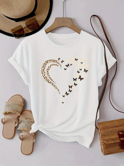 EtherealBe stylish women's heart print shirt featuring a gold butterfly design on a white background