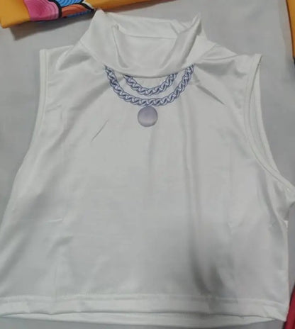 Zoey Rumi kids costume white sleeveless mock neck crop top with printed silver chain necklace design