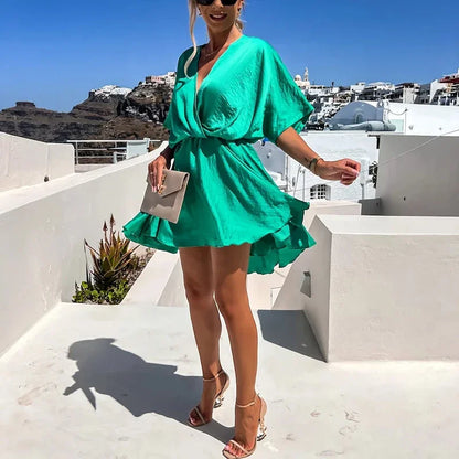 Sexy V Neck Dresses For Women Elegant Short Sleeve Solid A-line Loose Mini Dress Women Casual Beach Party Dress Boho 2022