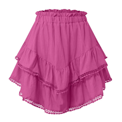 Women Flowy Ruffled Layered Shorts Elastic High Waist Pleated Mini Skirt Bohemian Crochet Skirt