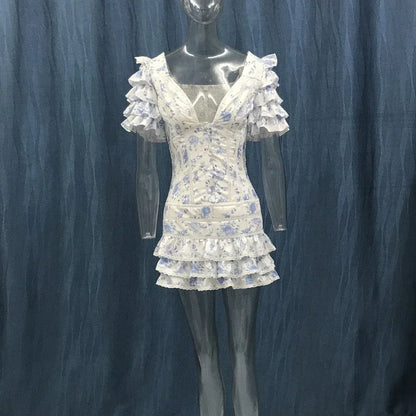 New Sweet Floral Print V-neck Ruffle Light Blue Women Mini Dress