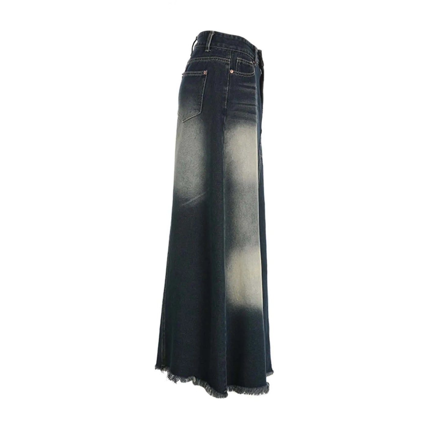 Vintage Denim Skirts For Women High Waisted Distressed Washable Blue A Line Dress High Street Style Fringe Hem Long Half Skirts