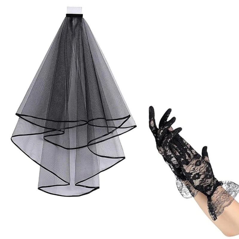 EtherealBe black lace veil and gloves set for elegant and sophisticated occasions