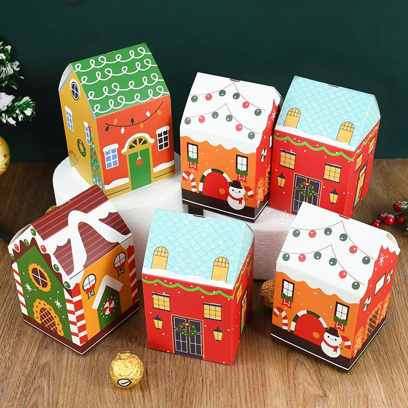 4pcs Christmas House Shape Candy Box Cartoon Merry Christmas Gift Packaging Chocolate Box Navidad 2025 New Year Party Kids Gifts