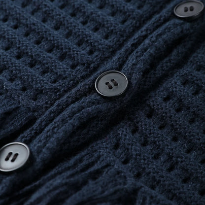 Sexy Knitted Tassel Top Skirt Women Set Dark Blue Long Sleeve Lapel Button Tops Pleated Mini Skirts 2025 Fashion Solid Lady Suit