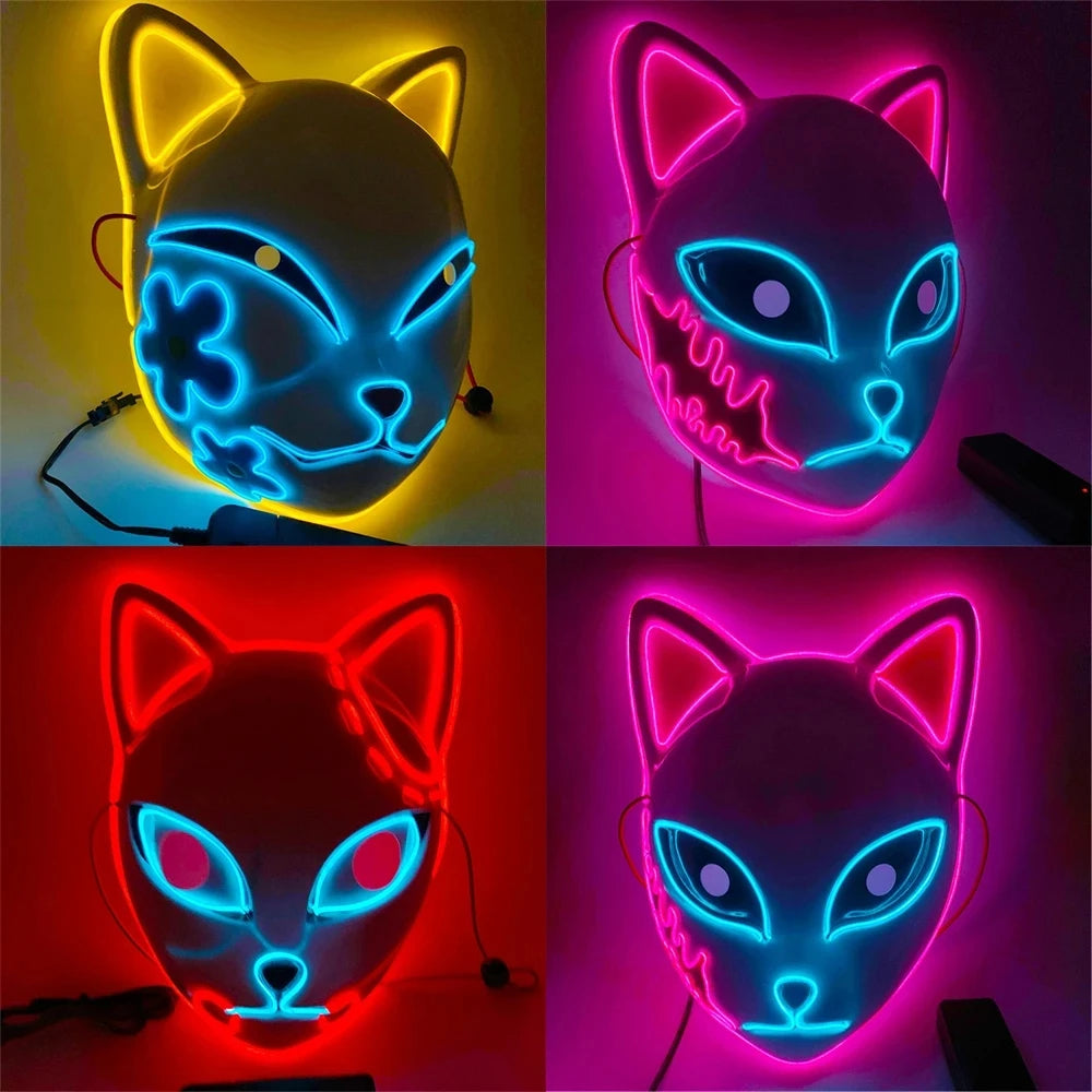 Colorful Halloween cat LED face mask featuring various glow designs for festive parties