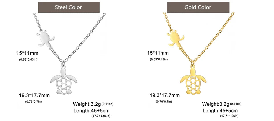 EtherealBe sea turtle pendant necklace for women in steel and gold colors, showcasing unique designs and dimensions