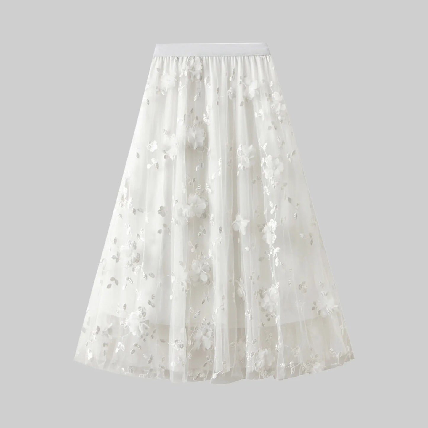 Korean Style Women's Floral Embroidered Mesh Skirt Harajuku High Waist A Line Midi Skirts Elegant Tulle Skirt Faldas Mujer