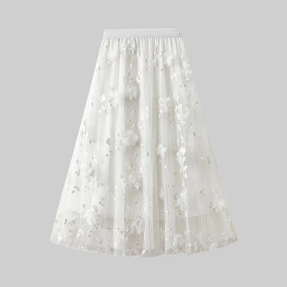 Korean Style Women's Floral Embroidered Mesh Skirt Harajuku High Waist A Line Midi Skirts Elegant Tulle Skirt Faldas Mujer