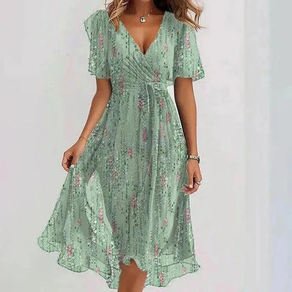 Elegant Sexy V Neck Floral Chiffon Mini Skirt Ladie Summer High-waisted Short Sleeve A-Line Bohemian Dress Evening Dress