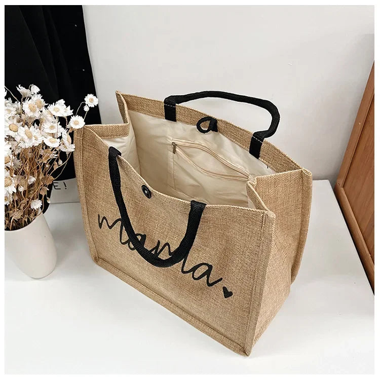 Women Tote Bag Mama Letter Printing Casual Fashion Linen Handbag Large Capacity Shopping Shoulder Bag Mother’s Day Gifts for Mom