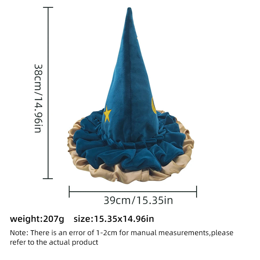 Blue Halloween witch hat for women with gold trim and star decorations, perfect for festive costumes