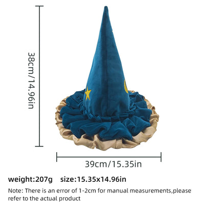 Blue Halloween witch hat for women with gold trim and star decorations, perfect for festive costumes
