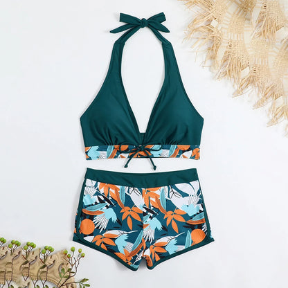 Women's Paneled Printed Swimsuit Ladies Fashion Sexy Split Boxer High Waist Swimsuit Two-Piece Set V-Neck Bathing Suits Female
