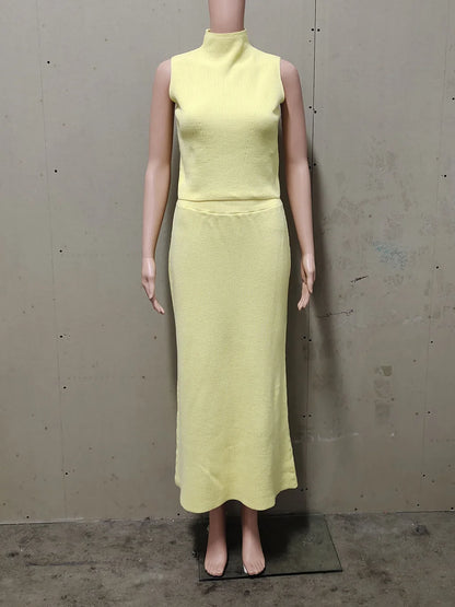 Autumn Elegant Long Skirt Two-piece Set Women's Sleeveless Knitted Turtleneck Vest Slim Skirt Set Female New Fashion Skirt Set
