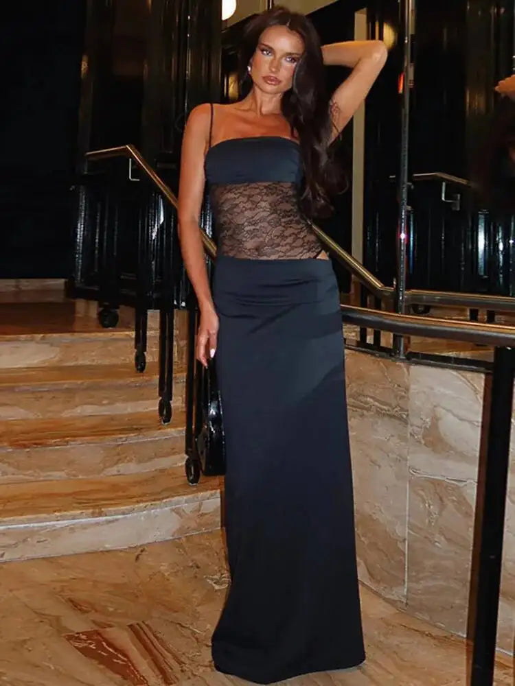 Avrilyaan Mesh Splicing Hollow Spaghetti Strap Backless Party Sexy Dresses Elegant Long Dress Women 2025 Summer Dress Vestidos
