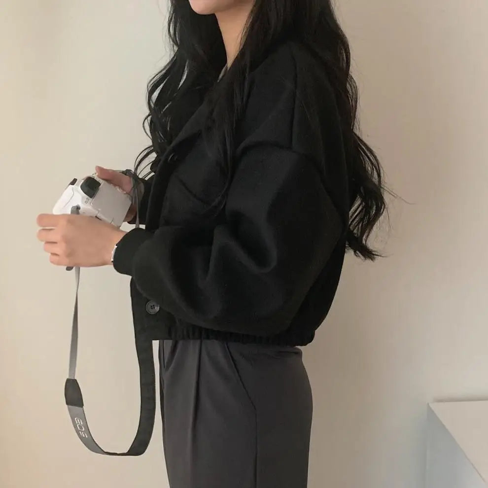 Autumn and Winter Loose Wool Coat for Women's Pocket Stand Collar Top Long Sleeve Button Hong Kong Style Wool Coat