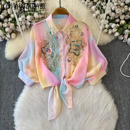 Beads Sequin Flower Blusas Mujer Rainbow Color Shirts & Blouses Lace-up Bow Camisas 2026 Spring Women Clothing Ropa