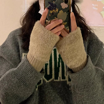 Soft Winter Half Finger Gloves Women Warm Luxury Solid White Plush Knitted Fingerless Gloves Wrist Mittens Writting