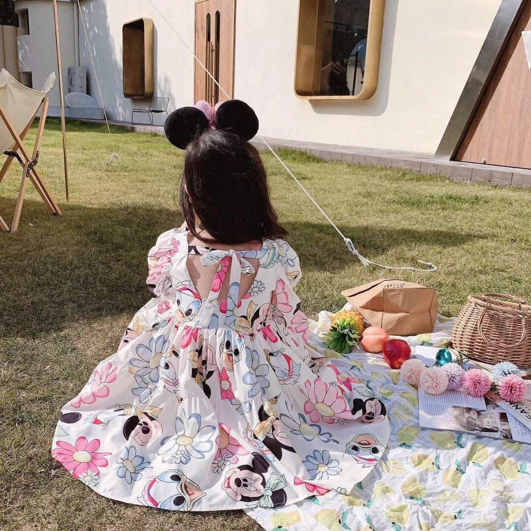 Fashion Girls Mickey Minnie Mouse Dresses Kids Cute Daisy Cartoon Backless Princess Dresses for 1-7 Years Girls Birthday Clothes