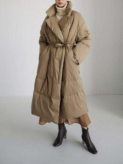 Winter New Stand Collar Long Down Jackets Loose Belt Long Sleeve Warm Coat Fashion Solid Cotton Padded Warm Down Overcoat Women
