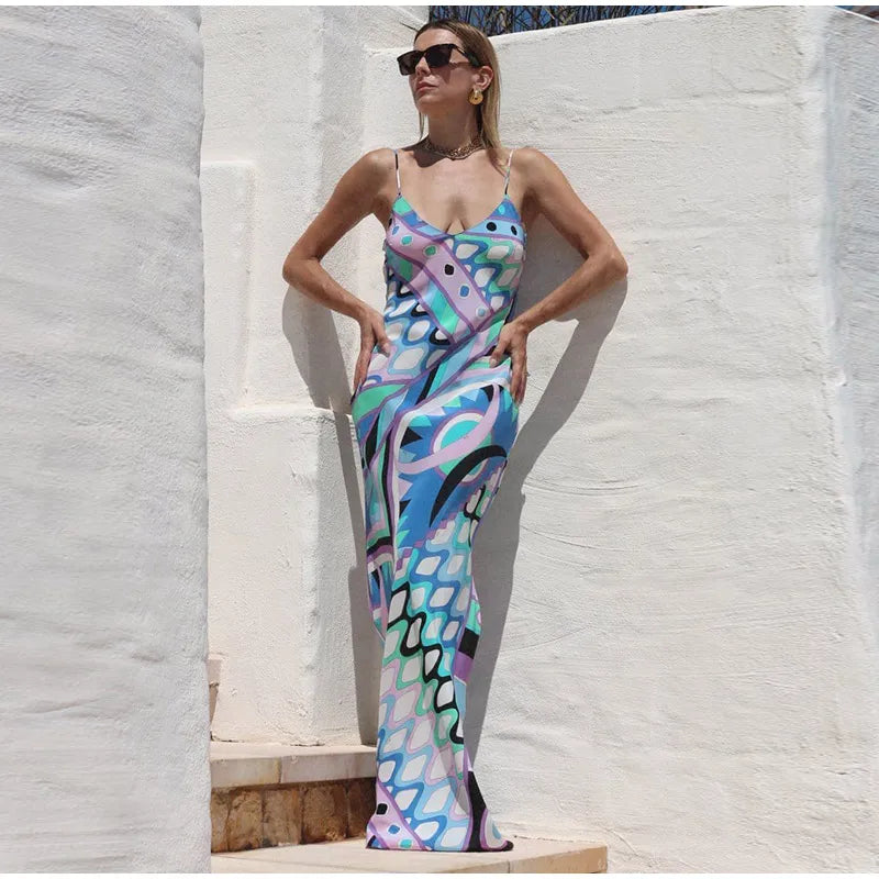Chic Print Sling Long Dress Women Sleevless Backless Side Split Party Dresses 2025 Summer Street Beach Lady Ankle-length Robes