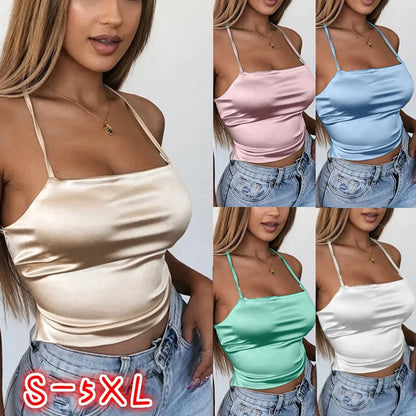 Slim Backless Crop Tops Soft Ice Silk Sexy Camisole Women's Club Party Bandage Camis Y2k Sexy Tank Tops Blusas Ropa De Mujer