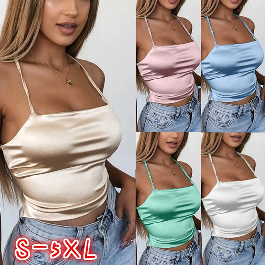Slim Backless Crop Tops Soft Ice Silk Sexy Camisole Women's Club Party Bandage Camis Y2k Sexy Tank Tops Blusas Ropa De Mujer