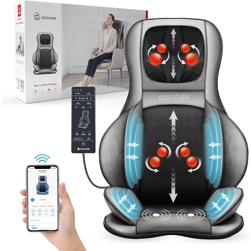 Shiatsu Neck Back Massager with Heat and Compression, App Control 2D or 3D Deep Tissue Kneading Massage Chair Pad,Chair Massager