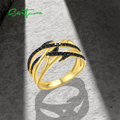 SANTUZZA  Authentic 925 Silver Rings For Women Sterling Silver Black Spinel Yellow Plated Unique Elegant Handmade Fine Jewelry