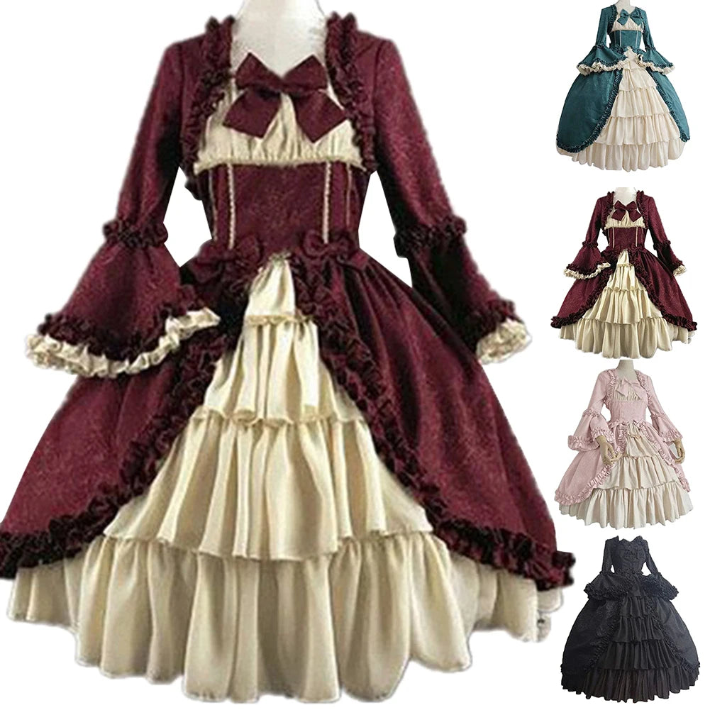 Cute Cosplay Black Dresses Women Lolita Lady Retro Square Neck Tight Waist Bowknot Medieval Dress Dress Party Costume Vestidos