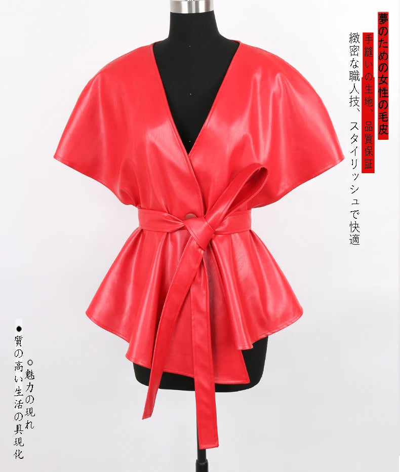 Nerazzurri Spring Short Red Faux Leather Vest Women Belt Runway Fashion Elegant Luxury Designer Clothes Sleeveless Jacket 2022