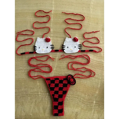 Sanrio Crochet Bikini Set Cute Girls Swimsuits Hello Kitty Sexy Bathing Suit Micro Ties Bikinis Beachwear Women Swimming Suit