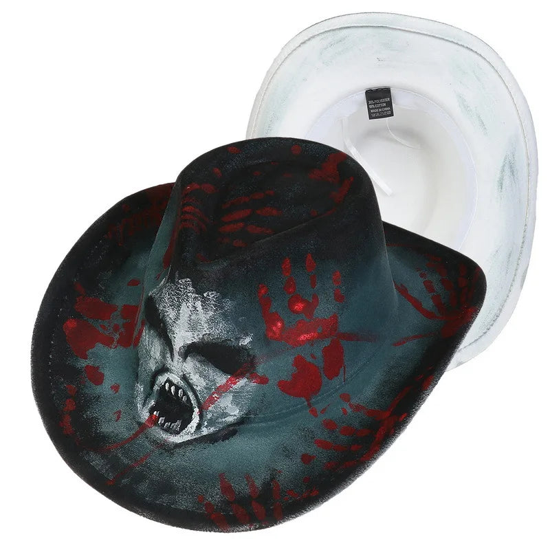 EtherealBe Halloween cowboy hat for adults with creepy skull design and red handprint accents