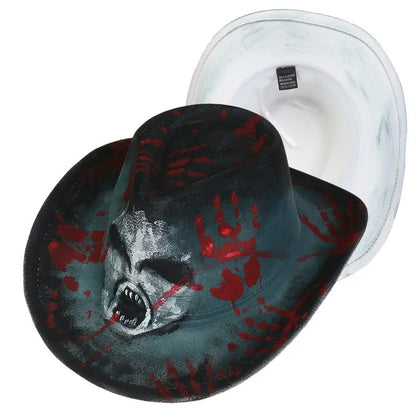 EtherealBe Halloween cowboy hat for adults with creepy skull design and red handprint accents