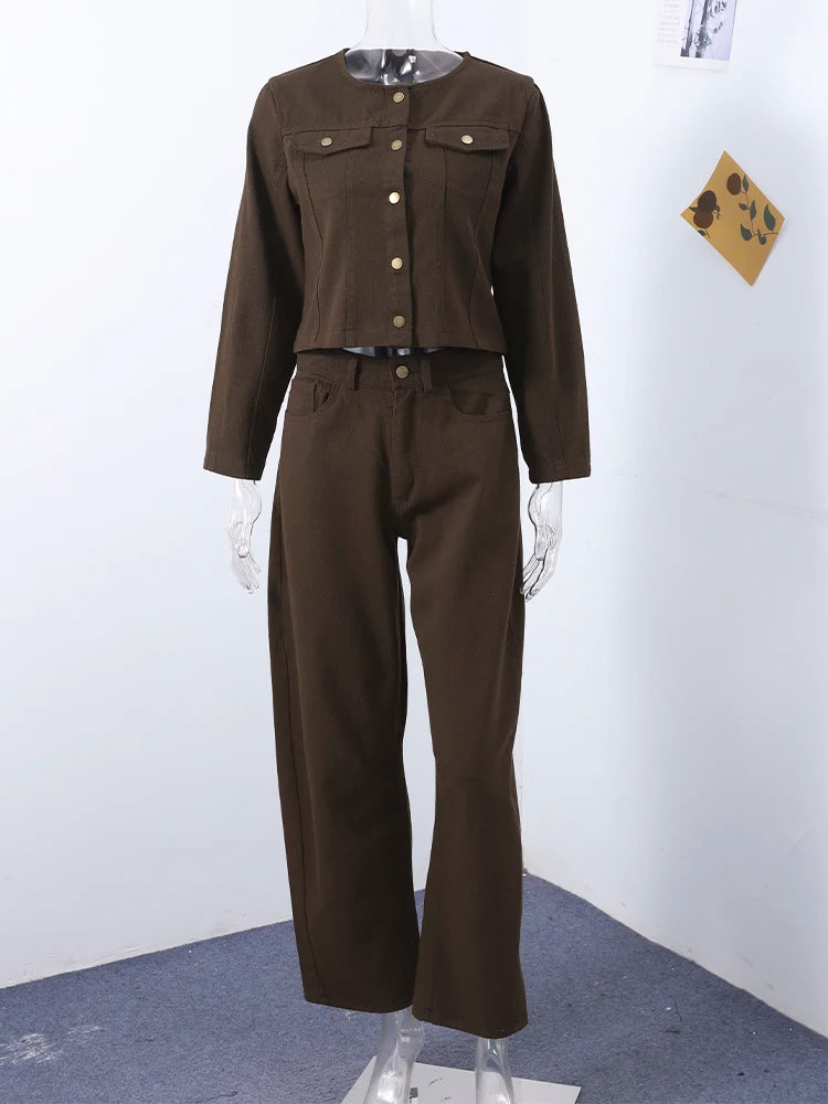 Vintage Solid Denim Jacket Pants Sets Women O-neck Single Breasted Long Sleeve Coat Wide Leg Trousers 2025 Jeans Outfits Street